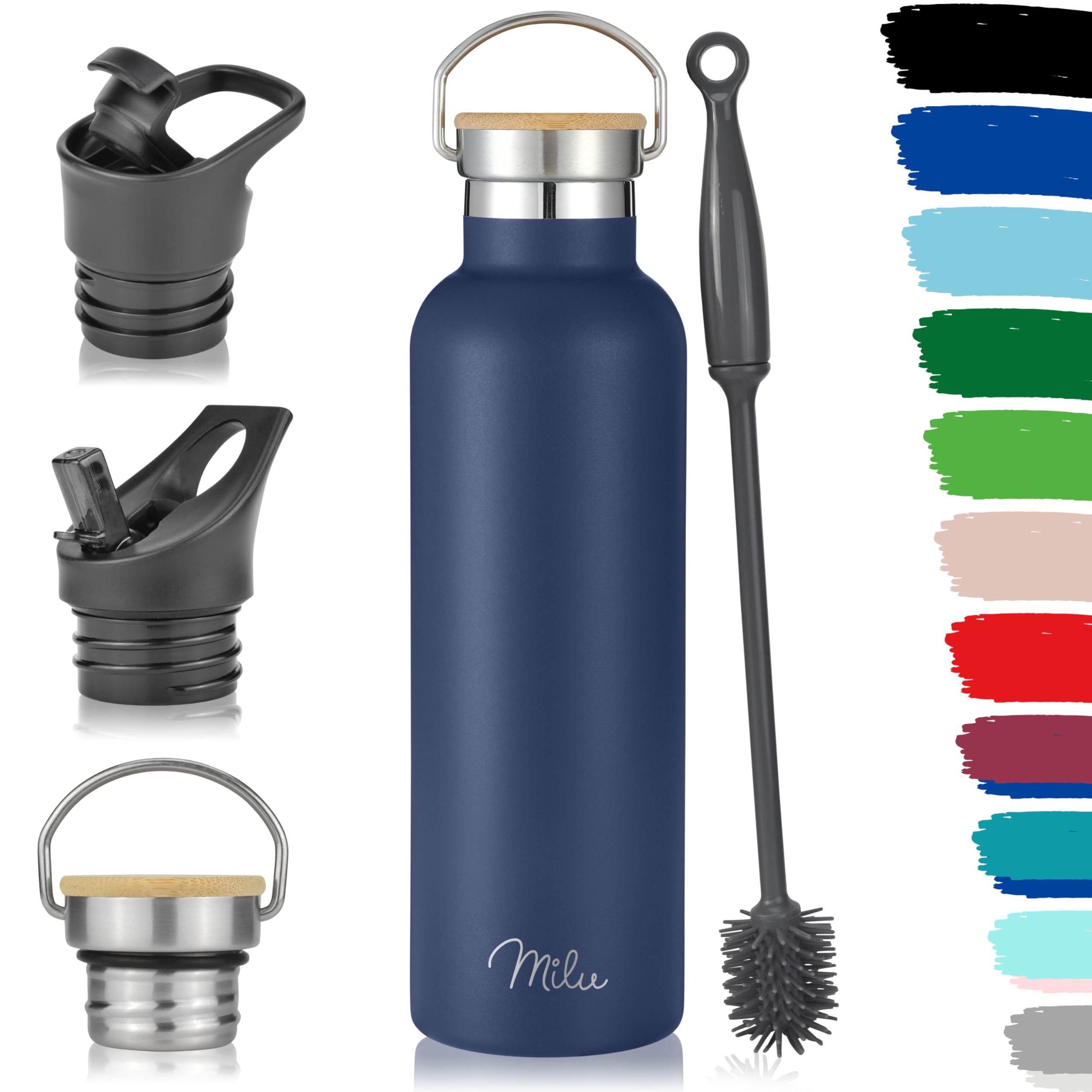 Milu Stainless Steel Drinking Bottle 350ml, 500ml, 750ml, 1l (+3 Lids) - Thermo Bottle with Straw, Water Bottle, for Hot, Cold & Carbonated Drinks (Navy Blue, 750ml)
