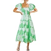 GOLDSTITCH Women's Smocked Maxi Dress Square Neck Ruffle Hem Puffy Short Sleeve Flowy Midi Dress