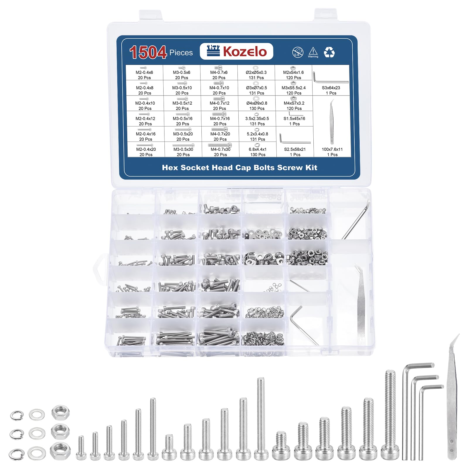 Kozelo 1504pcs Socket Head Cap Screws Bolts Nuts Assortment Kit - [M2/M3/M4] 304 Stainless Steel Allen Socket Drive for 3D Printer, with Wrench — image 1