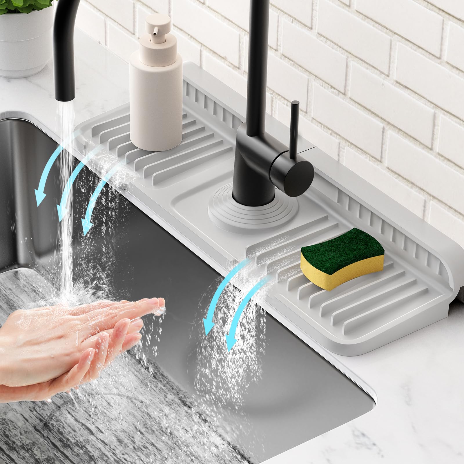 Photo 1 of 14.6 inch Faucet Mat for Kitchen Sink Splash Guard[7° Slope Fast Self-draining][Snap Lock Fit]Kitchen Sink Faucet Mat Splash Guard Kitchen Sink Area Water Splash Guard Behind Faucet Draining Mat