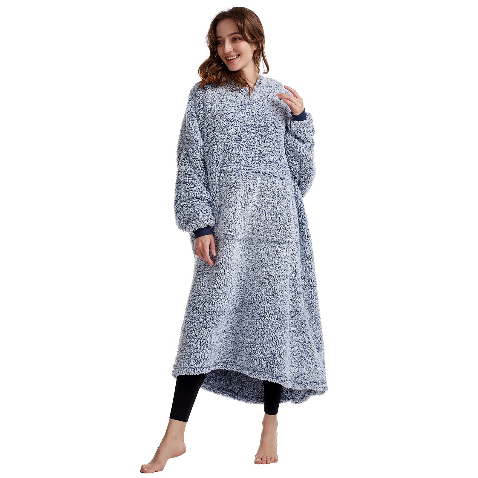 Oversized Teddy Fleece Hoodie Blanket for Women Cuddly Sherpa Wearable Snuggle Blanket Hoody for Adults Kids Men Teenager, Super Warm and Soft,Blue Length