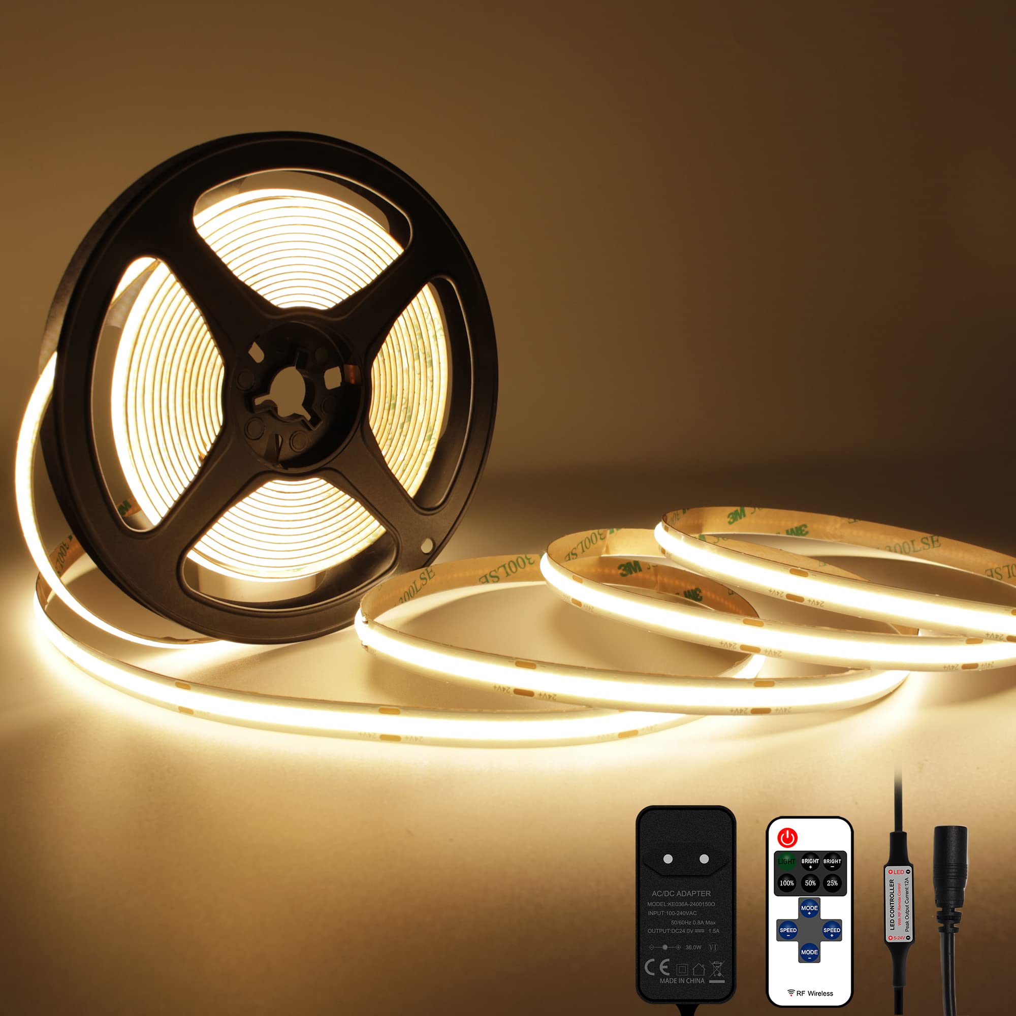 TTWAY COB LED Streifen 2700K Warmweiß, 5M Dimmbares 24V Flexibles COB LED Streifen Licht set, 480LEDs/M, GS Netzteil, mit RF Fernbedienung, CRI90+ helles Unterbaulicht für Fernseher, DIY Dekoration