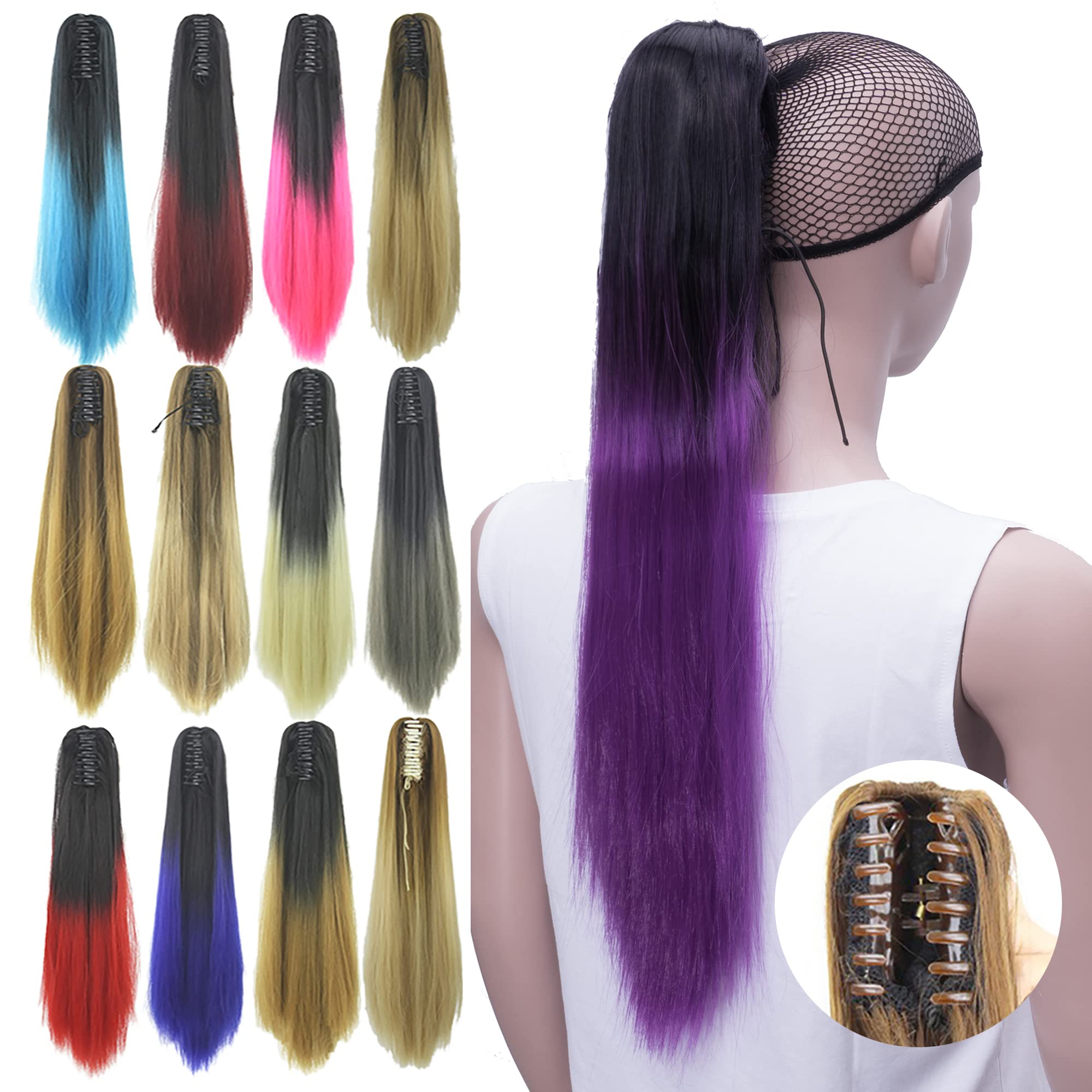 IMISSU Straight Clip on Hairpiece Extensions Pony Tail Clip Claw Ombre Ponytail Hair Pieces (Ombre Purple)