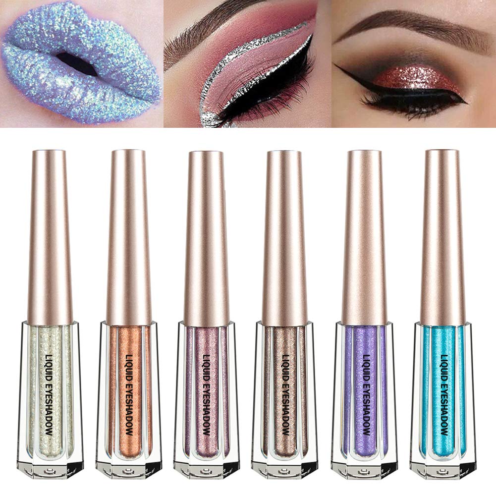 Glitter Liquid Eyeshadow 6 Color Metallic Sparkling Eyeliner Shimmer Eye Shadow Face Lips Art Cosmetic Glow Pigment Shimmer Makeup Long Lasting Waterproof for Parties Cosplay Masquerade (6 Pcs B)