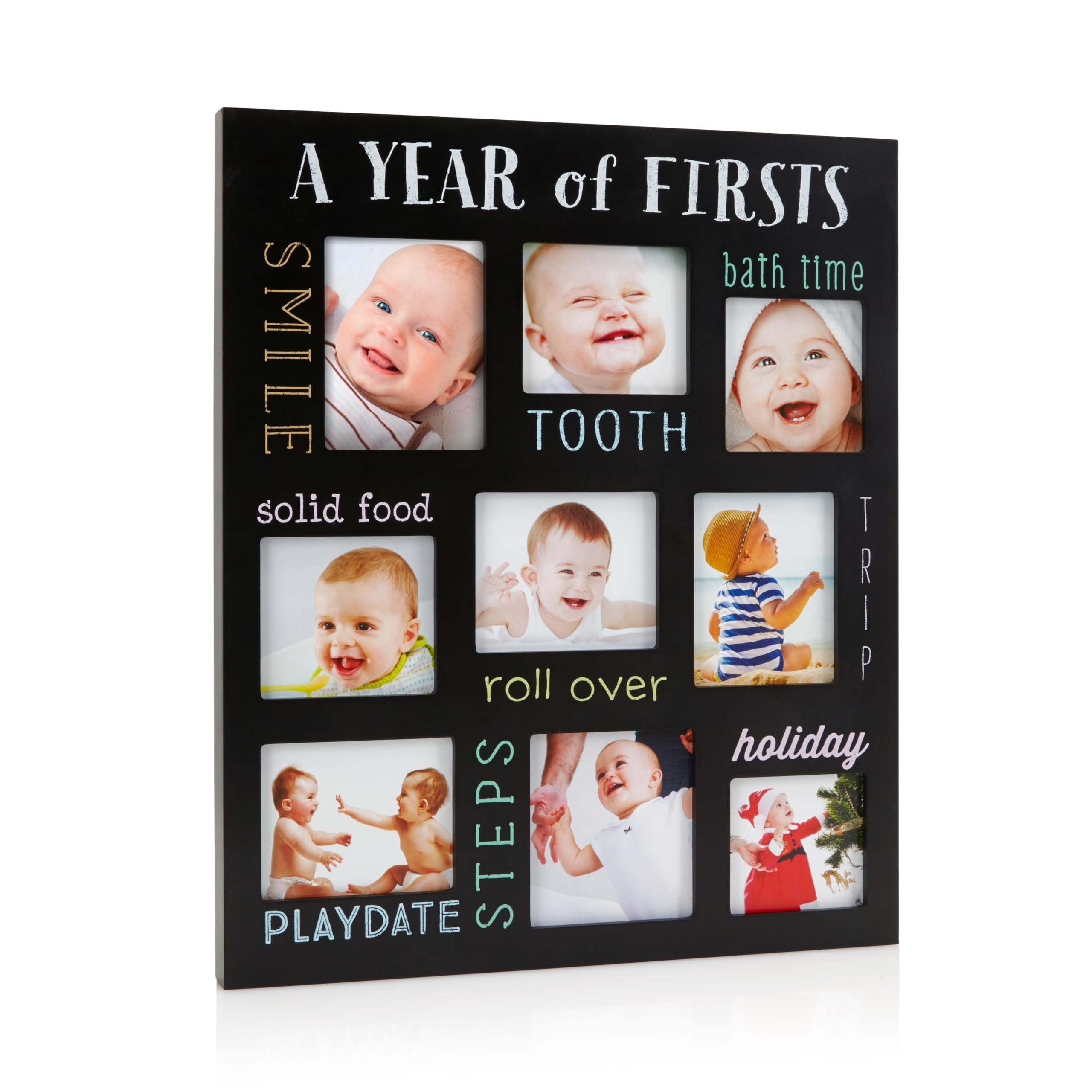 Pearhead Baby’s First Year Photo Frame – Milestone Keepsake Multi Photo Picture Frame, Wall Mount, Black