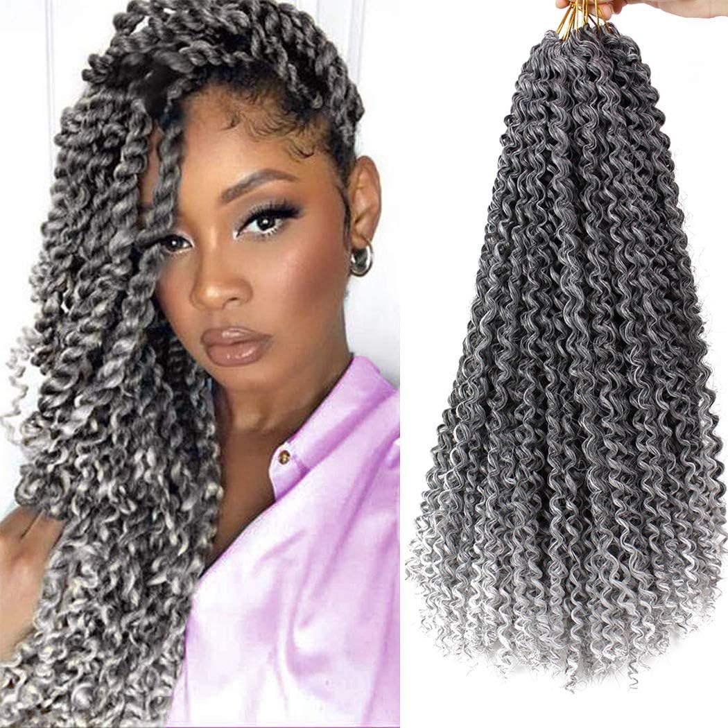 DorsaneeOmbre Gray Passion Twist Hair 18 Inch 6 Packs Water Wave Crochet Hair Long Bohemian Curly Braiding Hair for Butterfly Locs, Faux Locs, Boho Style Spring Twist Crochet Braids (TGray#)