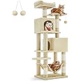 Feandrea Cat Tree, 61-Inch Cat Tower for Indoor Cats, Plush Multi-Level Cat Condo with 5 Scratching Posts, 2 Perches, 2 Caves, Hammock, 2 Pompoms, Beige UPCT192M01