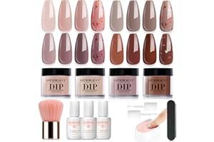 AZUREBEAUTY Dip Powder Nail Kit, 4 Colors Nude Dark Brown with Dried Flower Set, Fall Winter Natural Dipping Powder Starter Liquid Set Recycling Tray with Base & Top Coat Activator ﻿