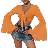 Mesh Tops for Women Bell Sleeve Rave Outfits Tie Front Crop Top Long Sleeve Shirt Sheer Blouse Festival