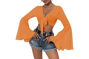 CENTURY STAR Mesh Tops for Women Bell Sleeve Rave Outfits Tie Front Crop Top Long Sleeve Shirt Sheer Blouse Festival