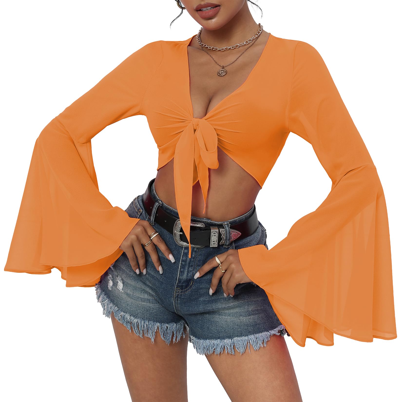 View 1 of Orange Bell Sleeve Mesh Tops for Women Rave Outfits Tie Front Crop Top Long Sleeve Shirt Sheer Blouse Festival Orange X-Large