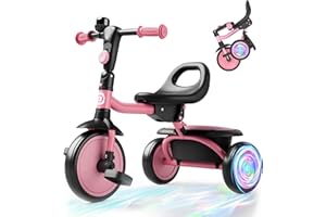 besrey Colorful Lighting Toddler Tricycle for Ages 18 Months to 5 Years, Toddler Bike with Bell, Kids Tricycle, Gift for 2-5 Year Olds, Toy for Boys and Girls, Tricycle for Toddlers, Pink