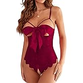 Donnalla Women Sexy Bodysuit Self Knot Front Floral Lace Teddy One Piece Babydoll Naughty Lingerie