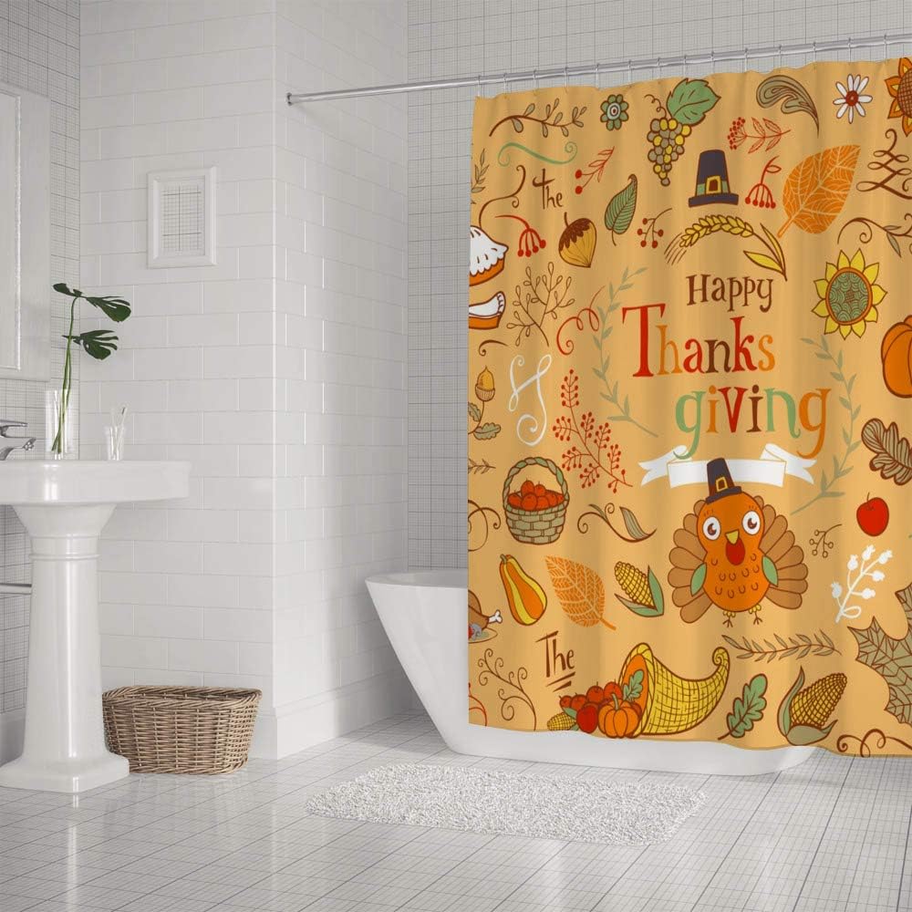 Amazon Com Kuizee Shower Curtain Waterproof Cute Element Happy Thanksgiving Turkey Orange Bath Curtains Polyester Decor Bathroom 72inch Home Kitchen