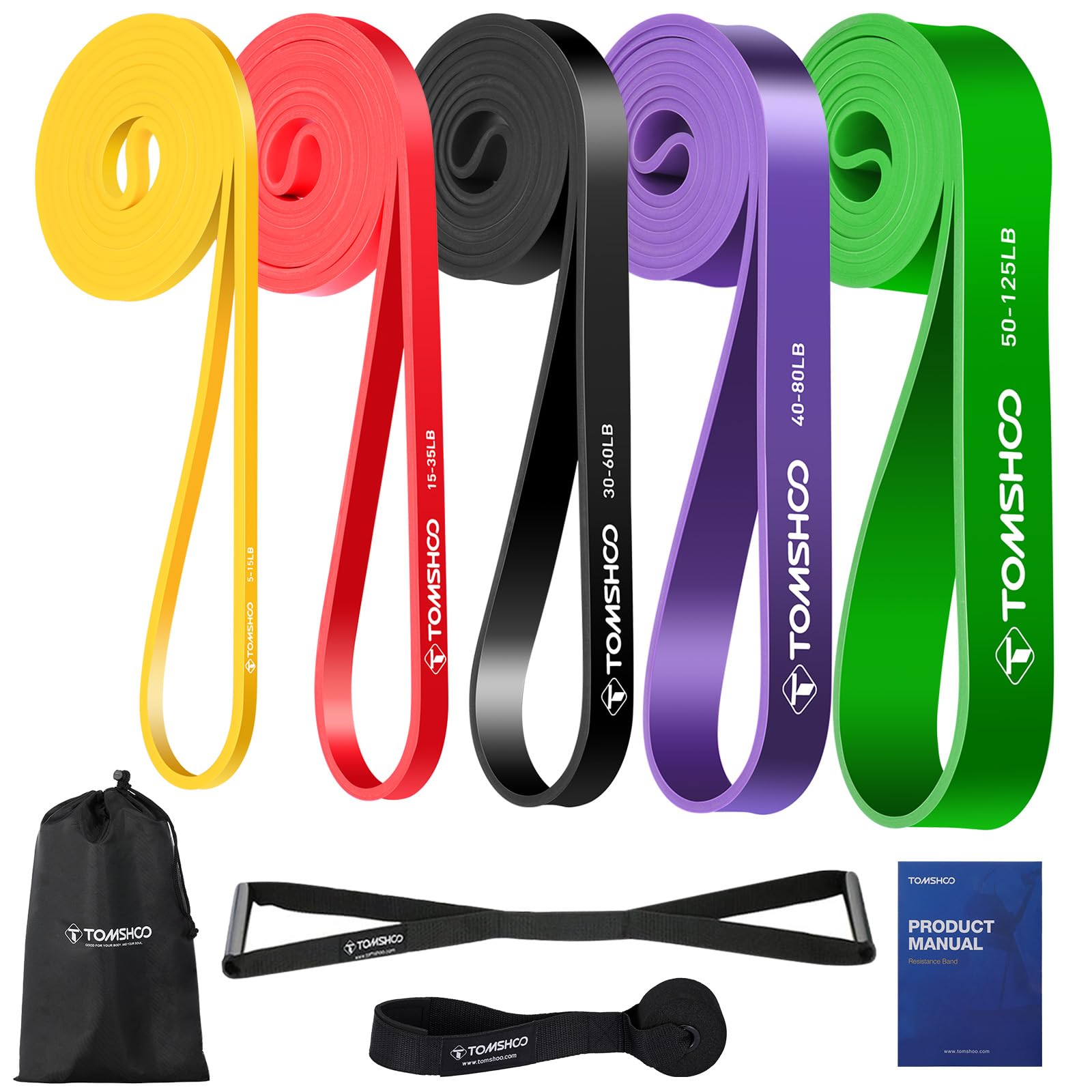 TOMSHOO 5 Packs Pull Up Assist Bands Set Resistance Loop Bands Powerlifting Exercise Stretch Bands with Door Anchor and Handles