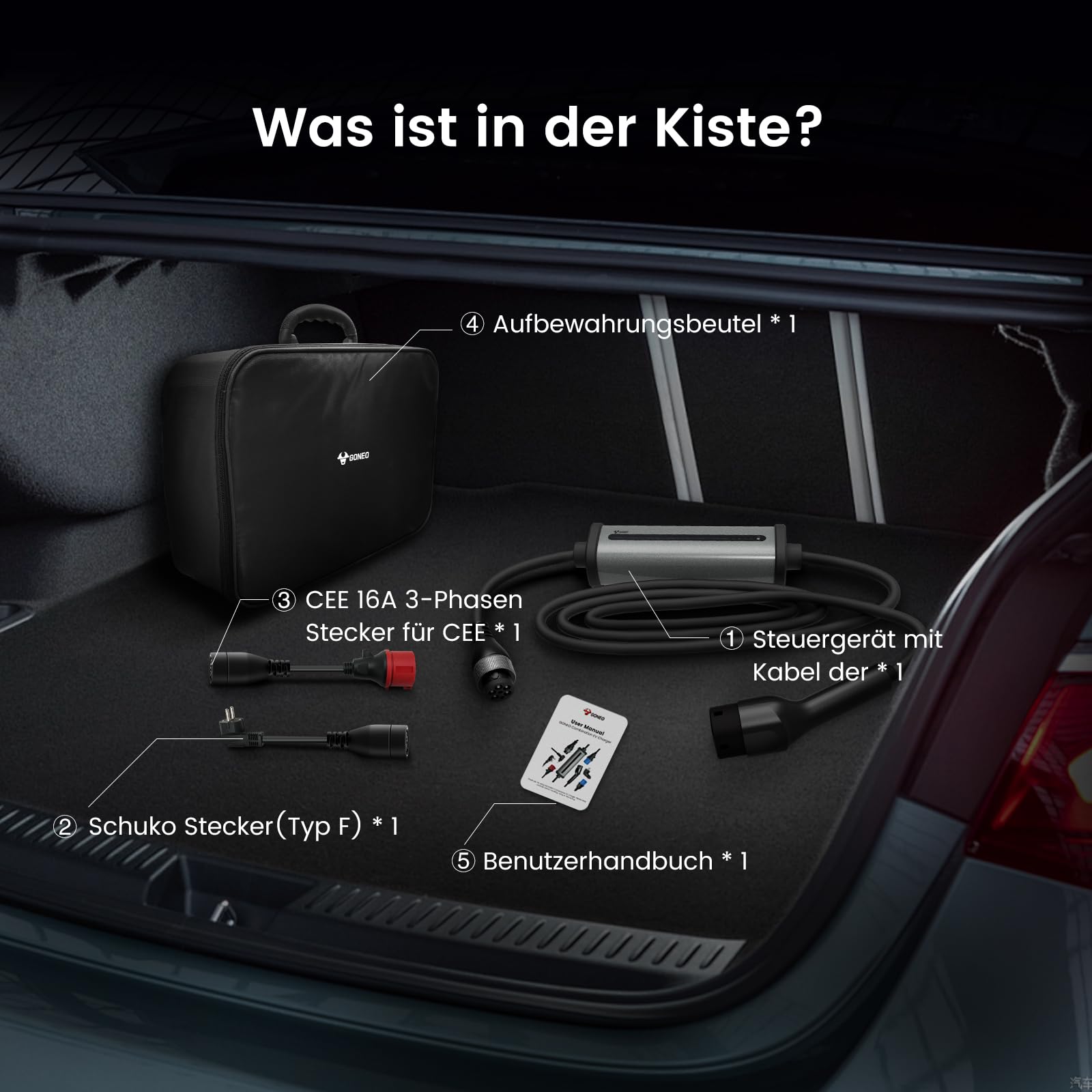 GONEO Mobile Wallbox/Ladestation 11kW 3-Phasig|8-16A|7m–Typ 2 Ladekabel mit CEE Stecker und Schuko Stecker mit Einstellbarer Ladeleistung,IP66,Kompatibel mit Model Y/3,ID3/4/5 und BEV/PHEV Tragetasche 8