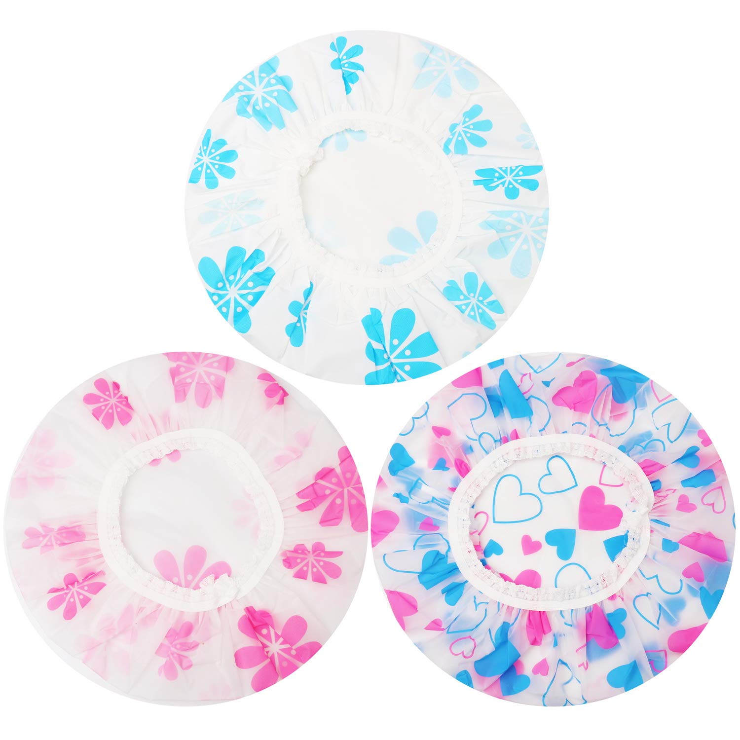 Photo 1 of Shower Caps, 3 Pcs Waterproof Bath Caps Plastic Reusable Shower Caps Elastic Band Bath Hair Hat for Women Ladies Spa Salon