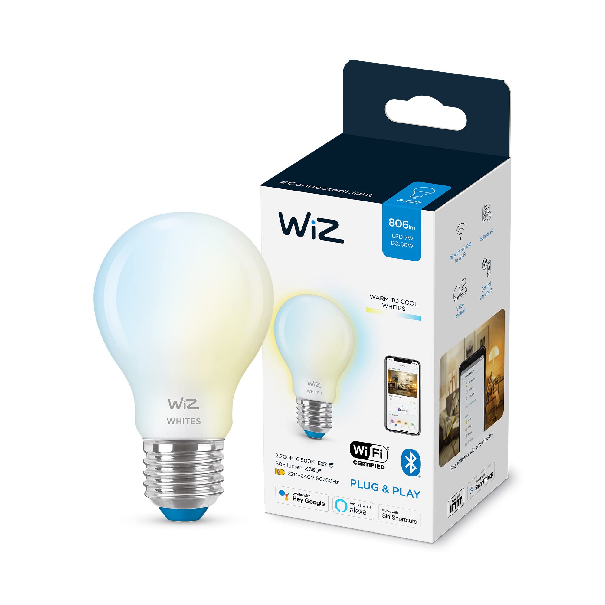 WiZ Tunable White [E27 Edison Screw] Smart Connected WiFi Frosted Light Bulb. 60W Warm to Cool White Light, App Control for Home Indoor Lighting, Livingroom, Bedroom.