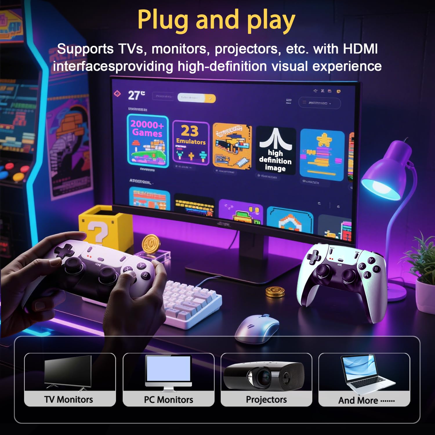 Condition photo showing New/Like New for wireless retro gaming console, 2026 upgrade game console stick built-in 20,000+ games and 23 emulato