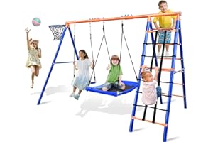 JYGOPLA 5-in-1 Heavy-Duty Metal Swing Set for Backyard - 500lb Capacity Outdoor Playset with Basketball Hoop & Climbing Rope