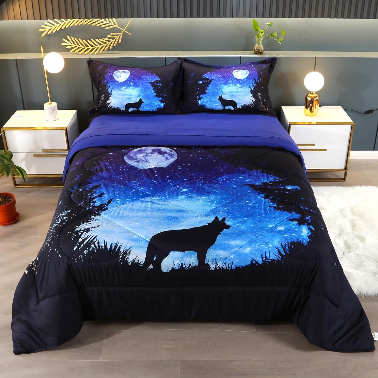 Wowelife Wolf Bed Set Queen 5 Piece Moon and Forest Bedding