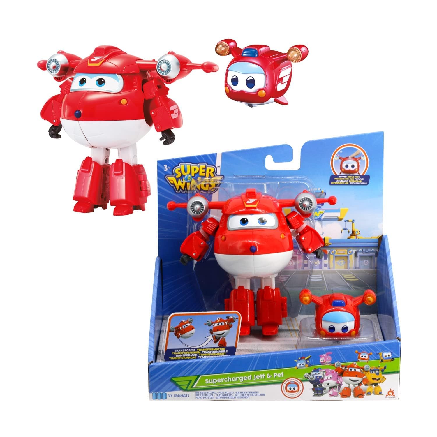 Super Wings EU750421 Supercharged Jett & Mini Super Pet Jett, Transformer Toys for 3+ Year Old Boy Girl, Red