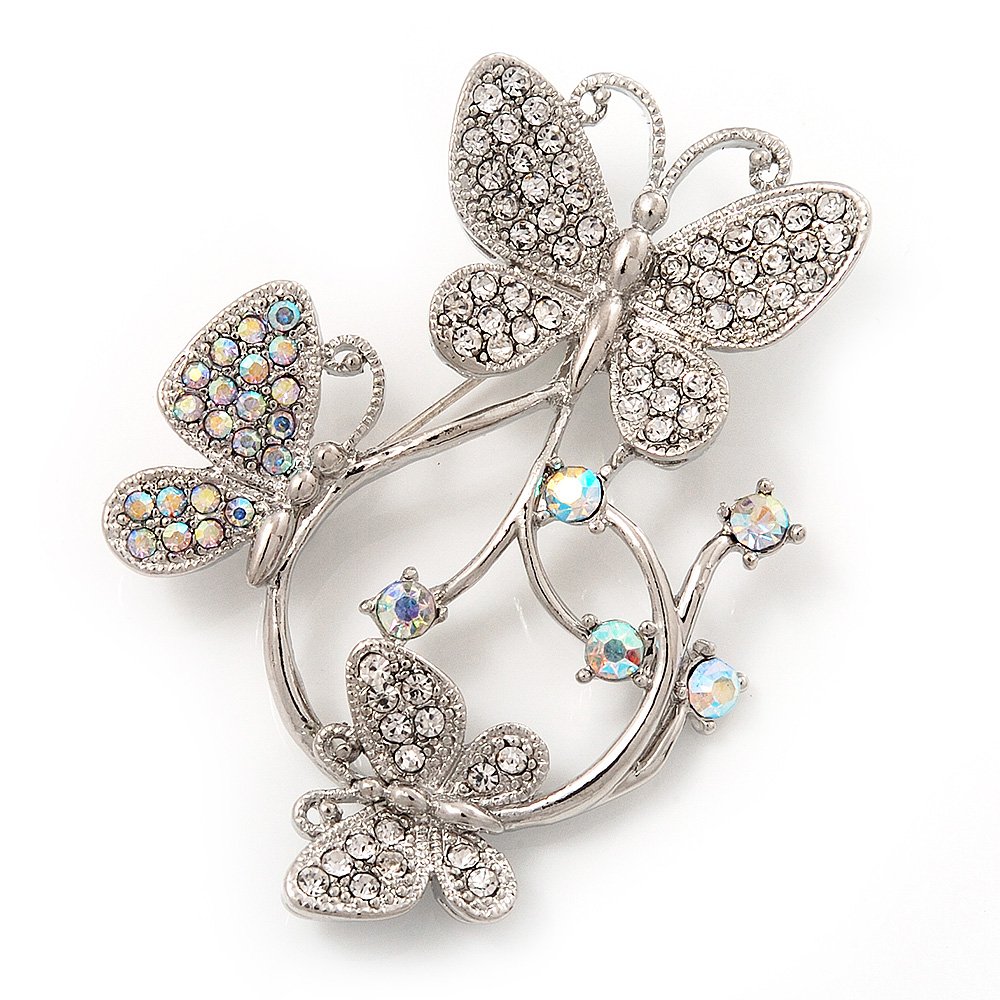 Diamante Butterfly Wreath Brooch (Silver Tone Metal)