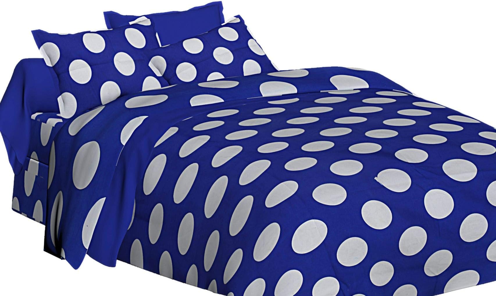 Spangle 144 TC Designer Polka Dot Printed Polyester King Bedsheet with 2 Pillow Covers (Blue & White)