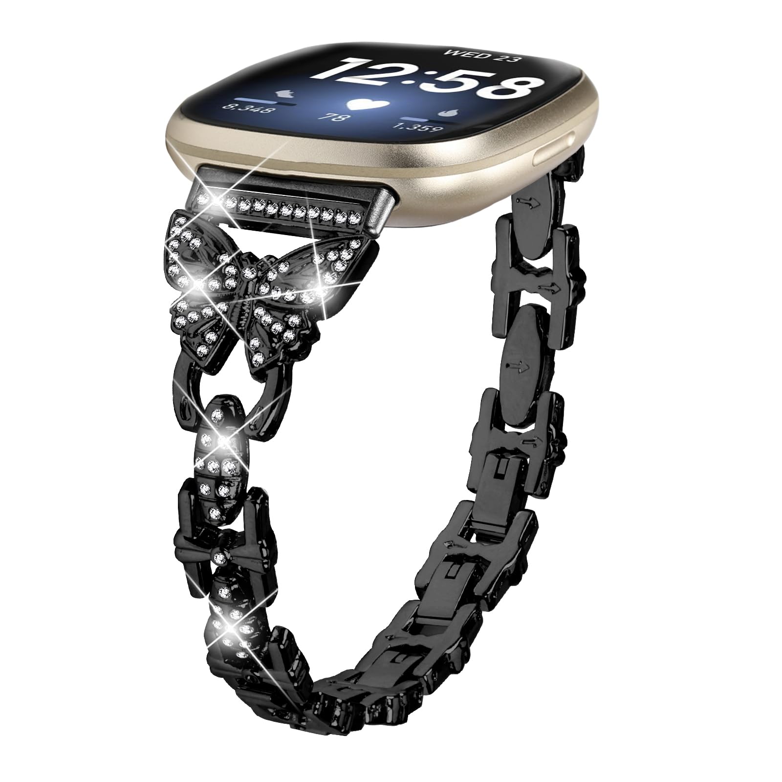 Gimuk Straps Compatible with Fitbit Versa 4/Sense 2 Strap for Women, Metal Stainless Steel Wristband Adjustable Bling Diamond Replacement Strap Band Bracelet for Fitbit Versa 3/Sense (Black)