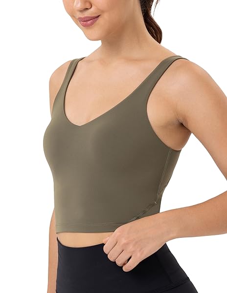 YUNOGA LONGLINE SPORTS BRAS FOR WOMEN CROPPED TANK TOP WITH BUILT-IN BRA ATHLETIC WORKOUT YOGA BRA TOPS (S, OLIVE GREEN)