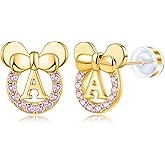 Staligue Initial Stud Earrings for Girls 925 Sterling Silver Pink Cubic Zirconia Alphabet Letter Earrings 14K Gold Plated Hypoallergenic Alphabet Initial Earrings
