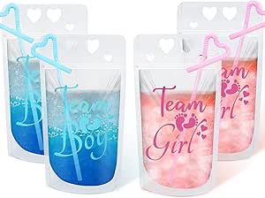 20 Pcs Gender Reveal Drink Pouch Cups Clear Zipper Bags with Straws, Team Boy Team Girl Gender Reveal Cups, Baby Reveal Party Decorations Gender Reveal Party Supplies, Blue &amp; Pink, 17 oz