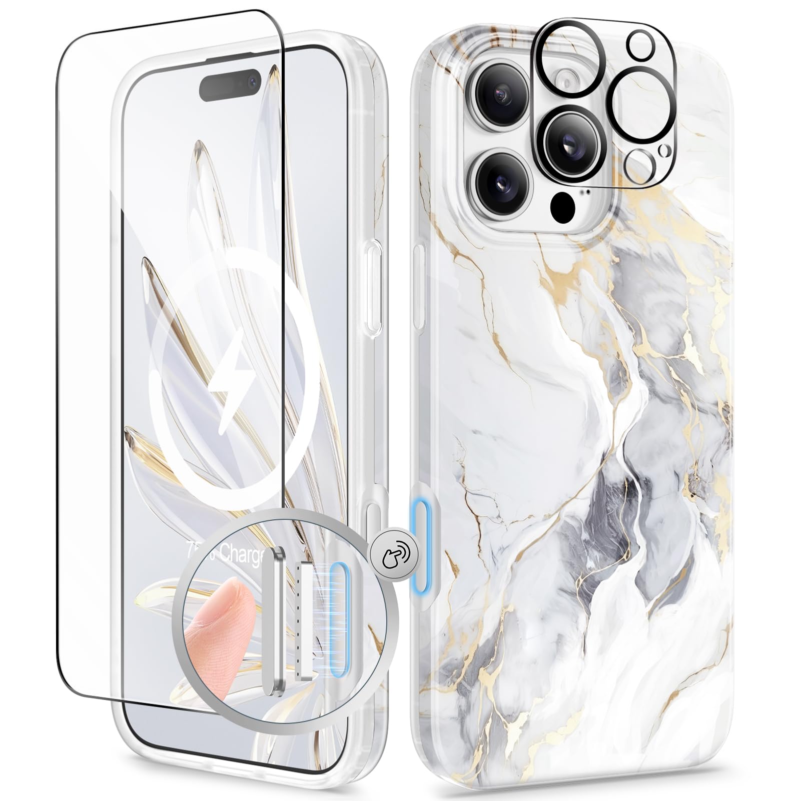 Photo 1 of GVIEWIN for iPhone 16 Pro Case Compatible with MagSafe, with Screen & Lens Protectors, Military-Grade Protection Slim Marble Shockproof Magnetic Phone Case for 16 Pro 6.3", Mist/White Gray