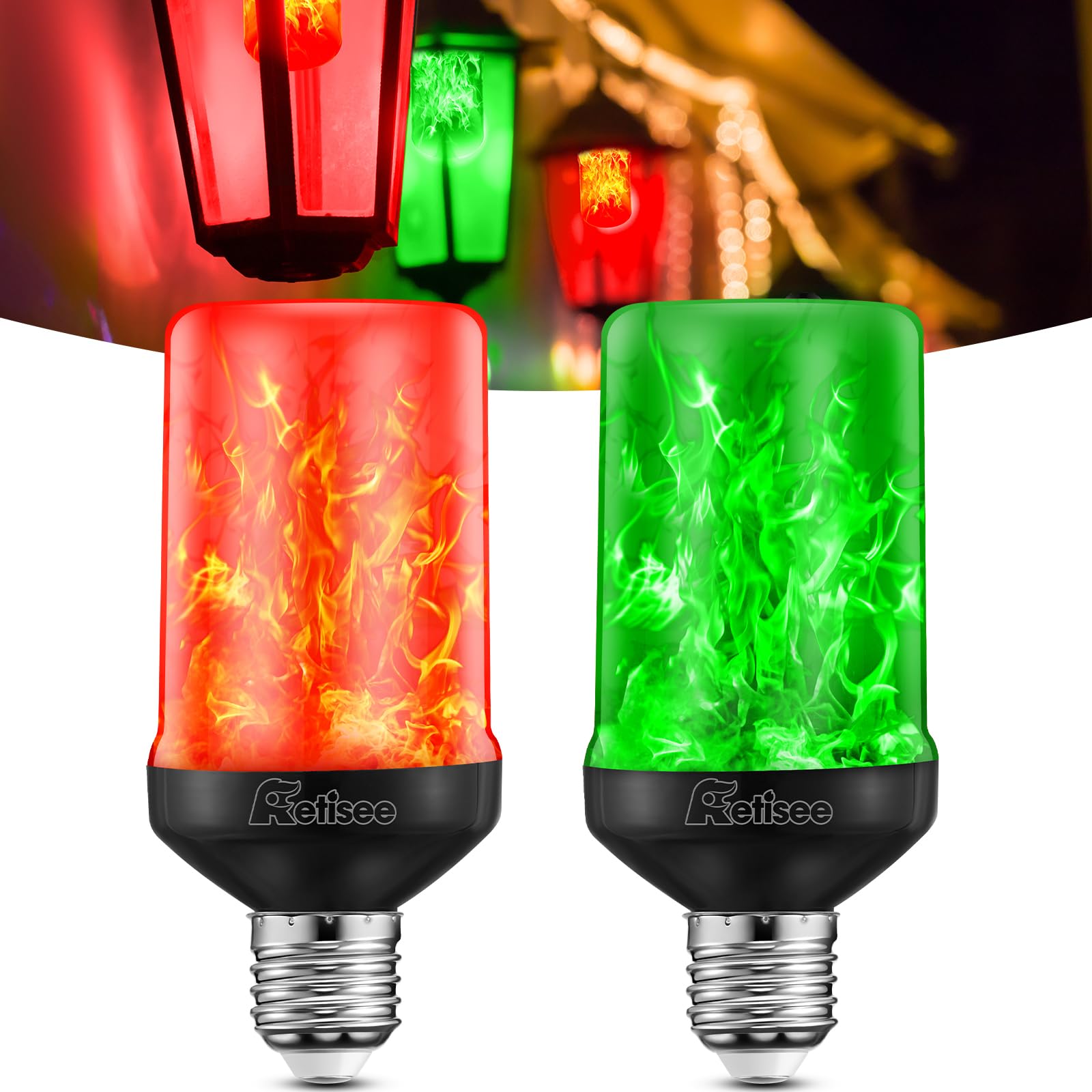 Photo 1 of 2 Pack Upgraded Red and Green LED Flame Effect Light Bulbs, Dusk to Dawn Light Bulbs Outdoor, Auto On/Off, E26 Base Flickering Light Bulb with Upside Down Effect, Fire Bulb for Party Porch Outdoor