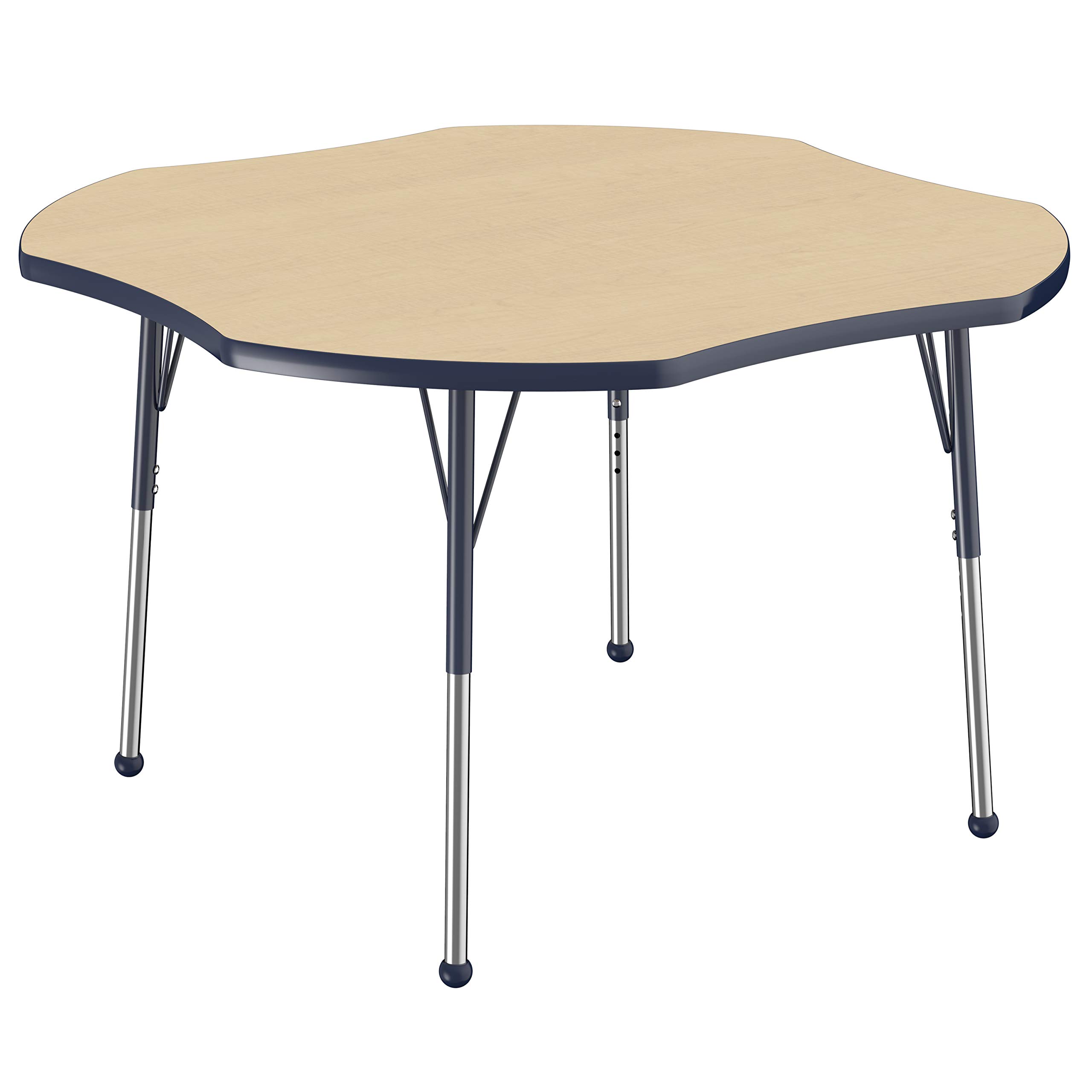 FDP Clover Activity School and Office Table (48 x 48 inch), Standard Legs with Ball Glides for Collaborative Seating Environments, Adjustable Height 19-30 inches – Maple Top and Navy Edge