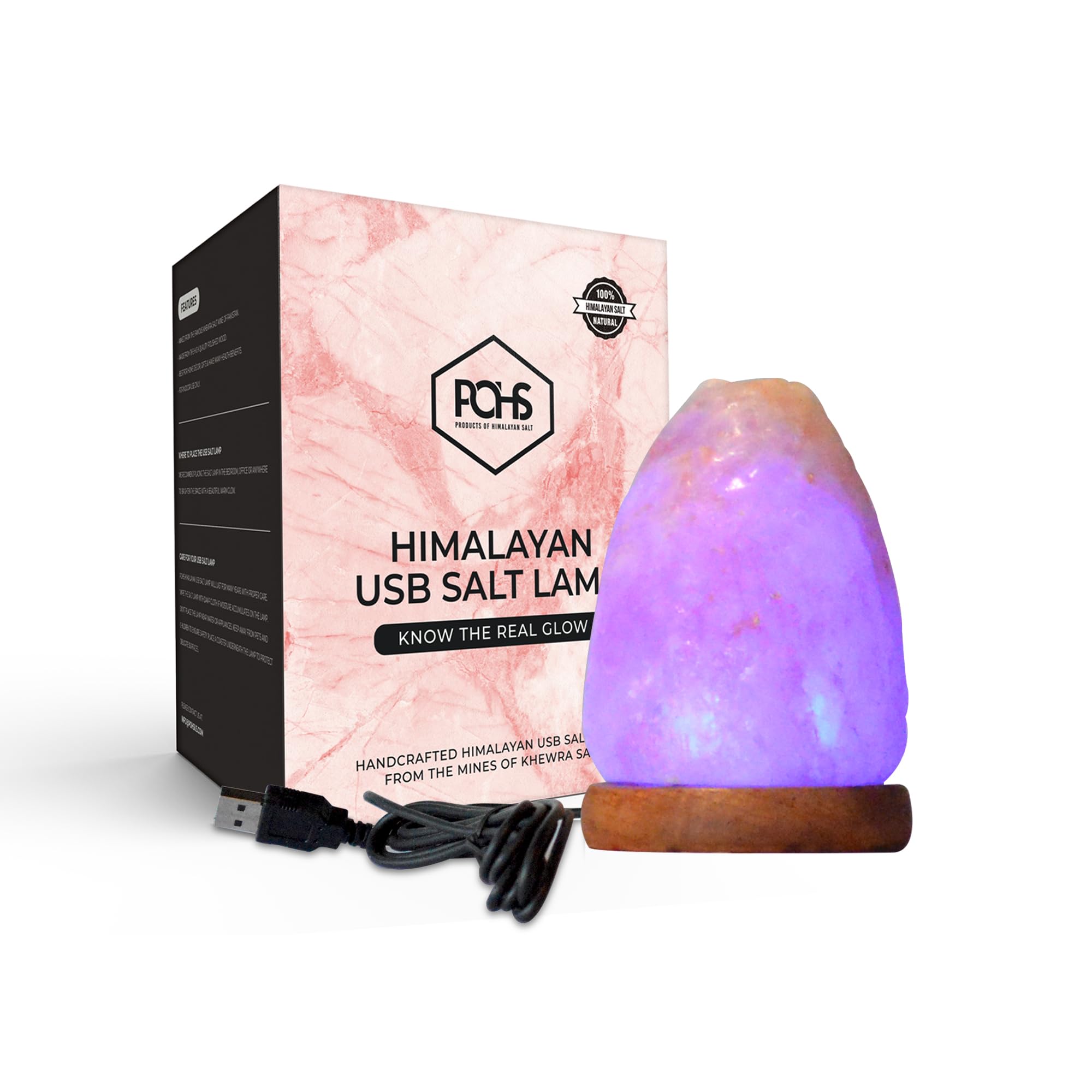Photo 1 of POHS USB Himalayan Mini Natural Salt Lamp, 7 Color Changing LED Bulb, Hand Crafted Crystal Rock Salt Night Light for Home Decor, Desk, and Gift | Premium Quality Wood Base and USB Cable