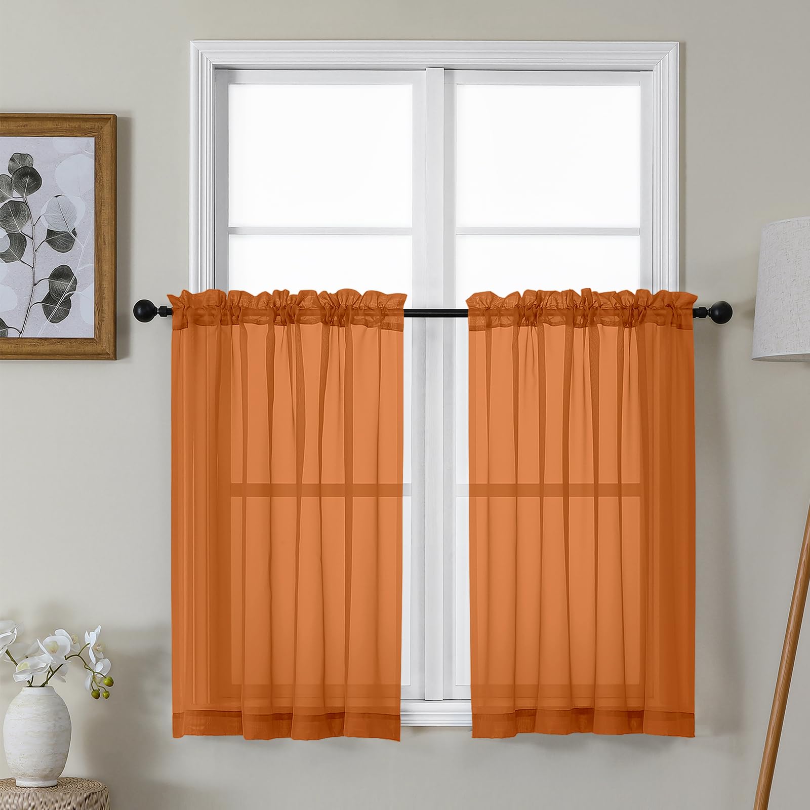 Photo 1 of Gwine Burnt Orange Sheer Kitchen Curtains 36 Inch Length, Light Filtering Voile Soft Airy Small Cafe Curtains, Fall Short Window Curtain for Bathroom Basement, 42Wx36L inch, 2PCS