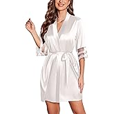 Ekouaer Women's Satin Robe Silk Kimono Bathrobe Bridesmaid Wedding Bridal Party Robes 3/4 Bell Sleeve Sleepwear S-XXL