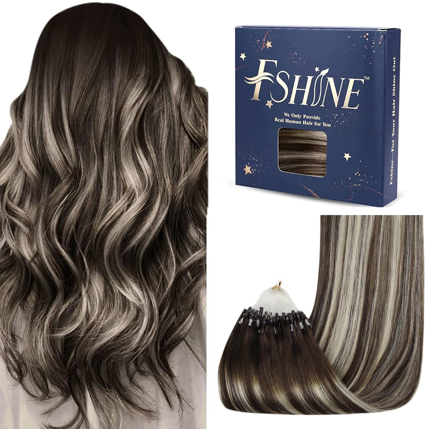 Fshine Human Hair Extensions Micro Links 20 Inch 50g Remy Hair Invisible Micro Ring Extensions Brunette Brown to Platinum Blonde and Darkest Brown Balayage Extensions Straight Hair for Women 1g/s — image 1