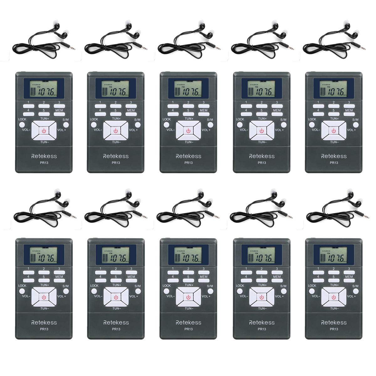 Retekess PR13 FM Receiver Tour Guide System Wireless Receiver FM Radio with Earphones for Conference Simultaneous Interpretation Tour Guide Team(10 pcs)