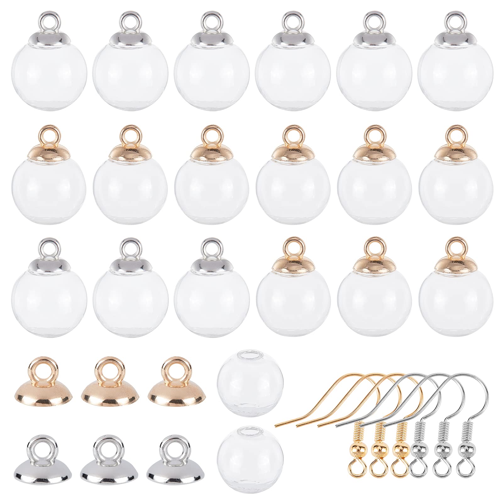 SUNNYCLUE 1 Box 40Pcs 18mm Mini Empty Clear Glass Globe Bottle Wish Glass Ball 40Pcs Plastic Pendant Bails & Earring Hooks for DIY Charms Stud Earring Jewellery Making, Silver & Golden