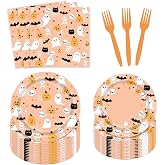 AEMUYA 96 Pcs Ghost Spooktacular Plates Napkins, Halloween, 24 Guests | Halloween Baby Shower Birthday Party Tableware Set, Disposable, Cute Spooky Decorations, Kids & Adult Events
