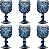 Taganov Blue Water Goblets Wine Glasses Drinking set of 6 Vintage Colored Glassware 12 Ounces Sunflower Stemmed Cups for Wedding Party Bars Restaurants