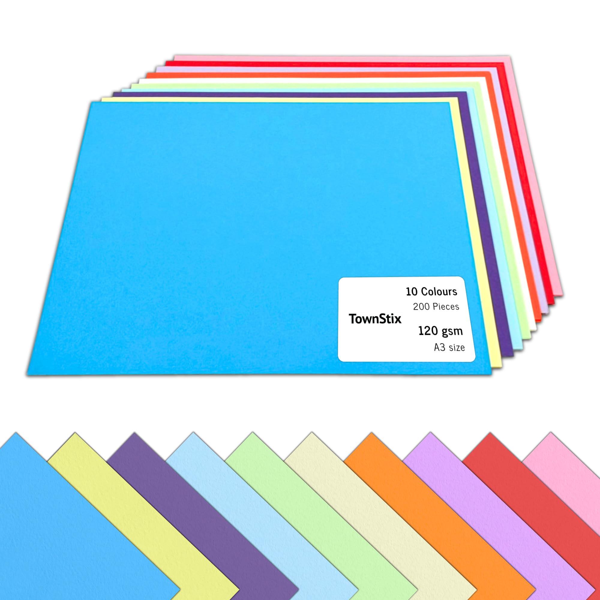 200 Sheets, 120gsm - A3 Coloured Card Paper, Assorted Multi Colour Cardstock for Art & Craft - 10 Colours