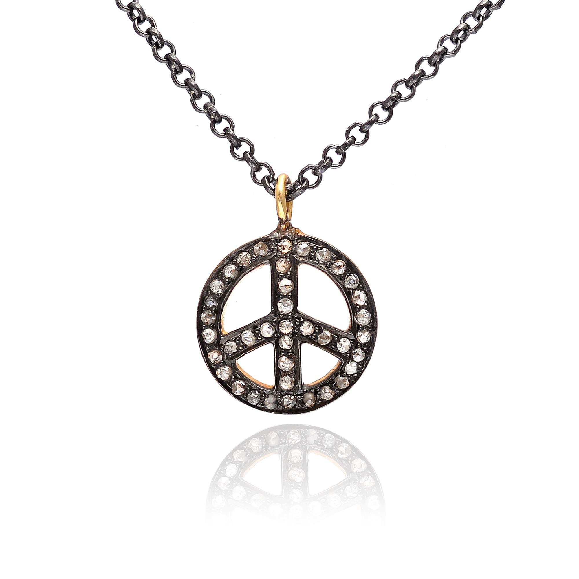 925 Sterling Silver Peace Symbol Necklace 0.32 Ct Brown Diamonds (I2-I3 Clarity) For Women