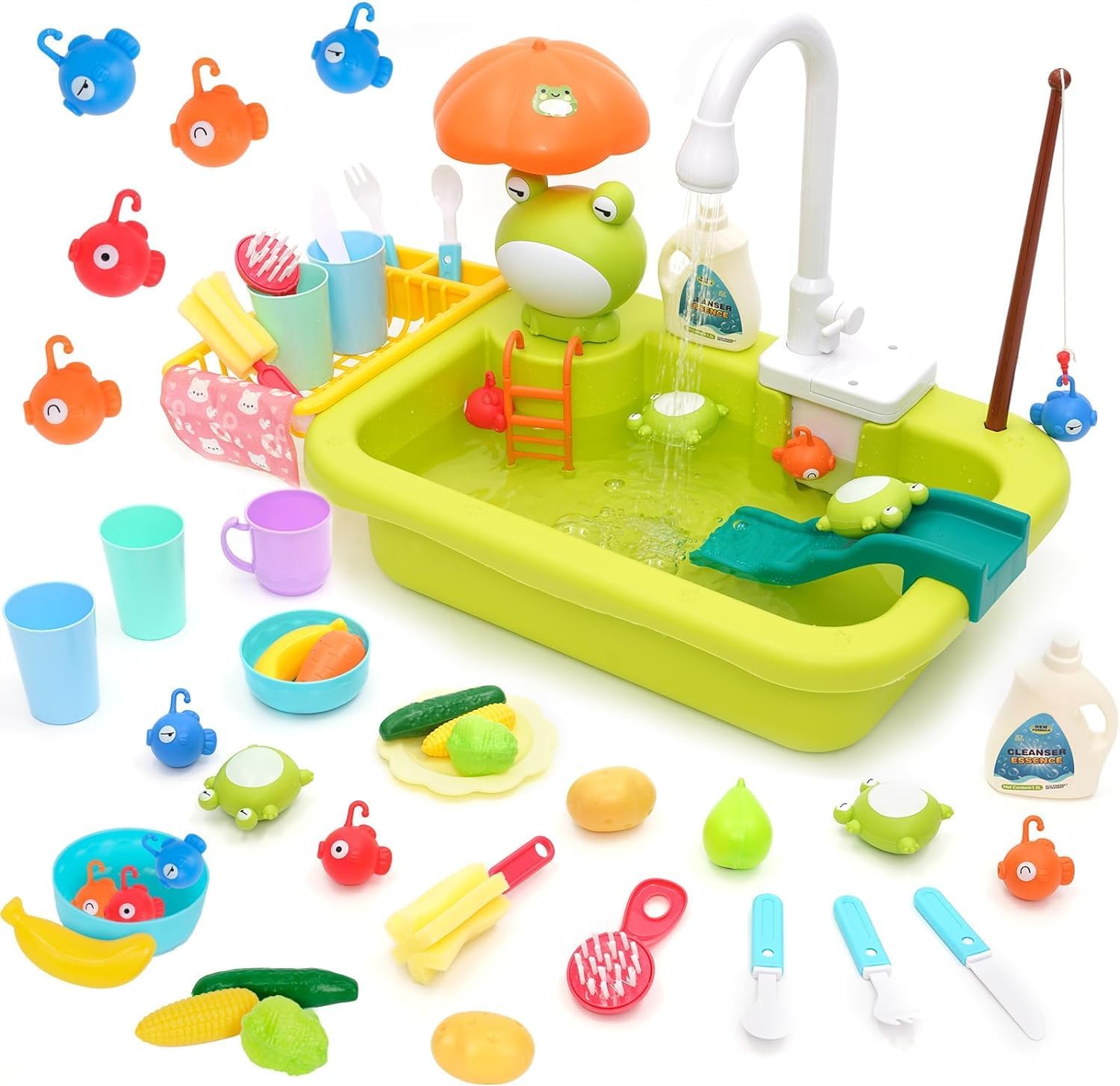 Kitchen Sink Toy Set Pretend Role Play Dishwasher Toy with Running Water Automatic Water Cycle System and Tableware Accessories Vegetable Fruit Play Food Games with Fishing Game for Boys Girls