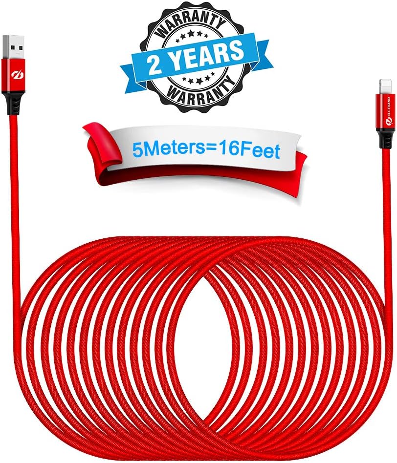Phone Charger Cord 5M/16FT Extra Long Nylon Braided USB Charging & Syncing Cable High Speed 2.4A Fast Charger Powerline Cable Compatible Phone X 8 8 Plus 7 7Plus 6s 6sPlus 6 6Plus 5 5s 5c SE Pad Pod.