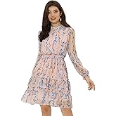 Allegra K Women's Smocked Waist Sheer Sleeve Ruffle Layers Floral Chiffon Dress