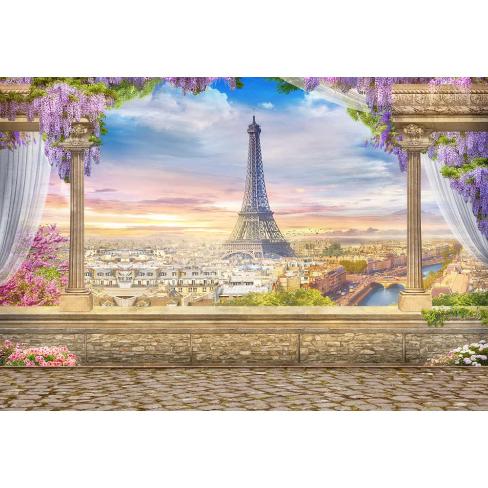 Aoihrraan 3x2m Eiffel Tower Backdrop Wisteria Flowers Paris City View European Famous Building Photography Background Wedding Bridal Shower Party Vacation Travel Decoration Photo Studio Props