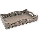 GoCraft Handmade Wooden Tray with Handles – Grey Washed Wood Serving Tray for Breakfast in Bed, Coffee, Tea, Snacks – Lattice Design Ottoman Tray with Cutout Handles, 15" x 10" x 3", Rustic & Stylish